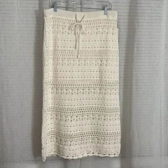 UT XLβCream Openwork Midi Sweater Crochet Knit Scalloped Drawstring Skirt - Picture 8 of 16
